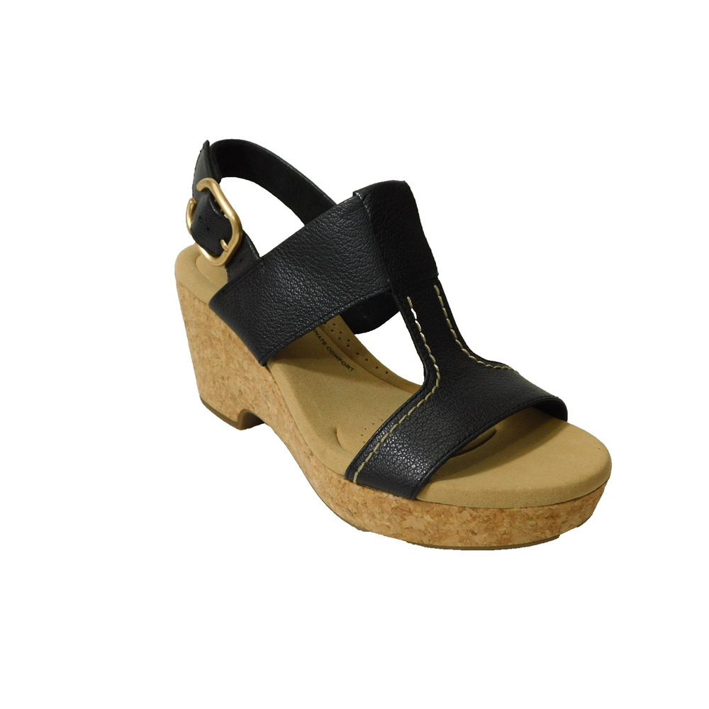W611 Clarks Black Giselle Style Leather Wedge Sandals Size 8 M